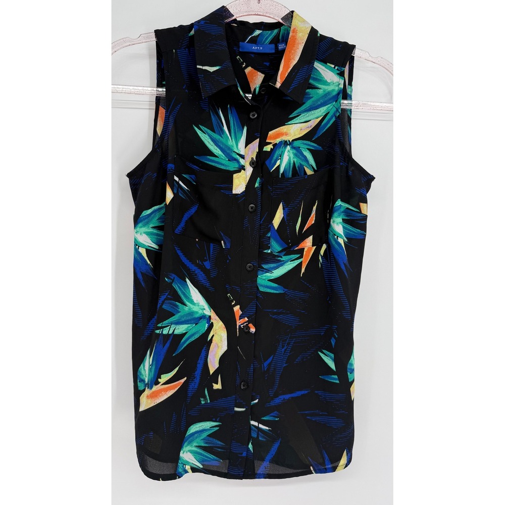 Apt 9 Womens Sleeveless Tropicalā Bird of Paradise Button Down Blouse Blk Sz PXS